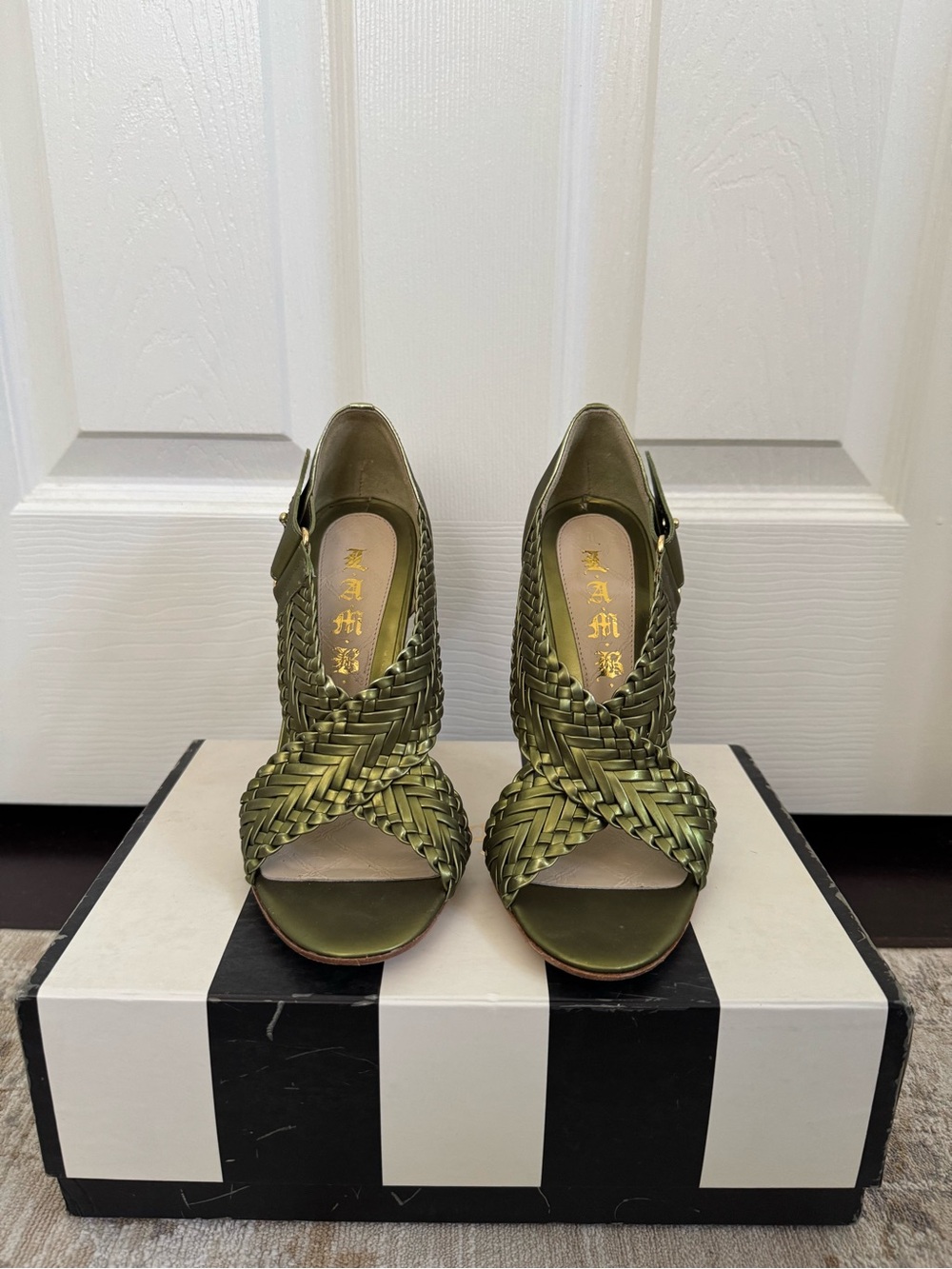 L.A.M.B. Olive Green Woven Open-Toe Heels
